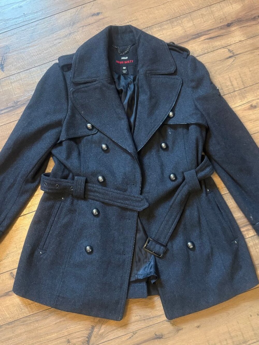 Miss Sixty M60 Y2K charcoal wool coat military belted peacoat medium